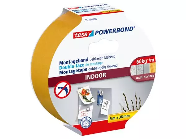 Een Montagetape tesa® Powerbond Indoor dubbelzijdig klevend 5mx38mm wit koop je bij Romijn Office Supply