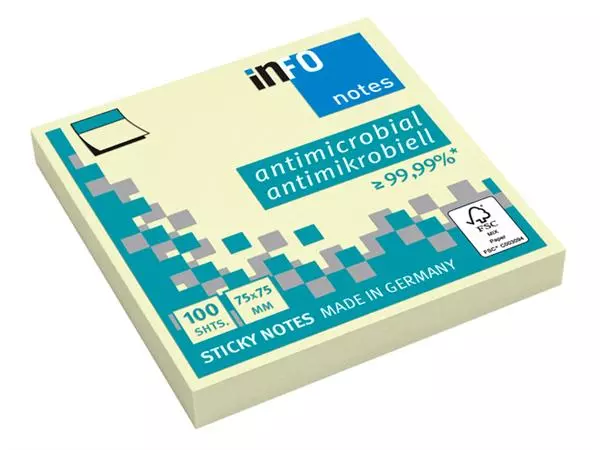 Een Memoblok info notes antimicrobiëel 100 vel 75x75mm geel koop je bij Quality Office Supplies