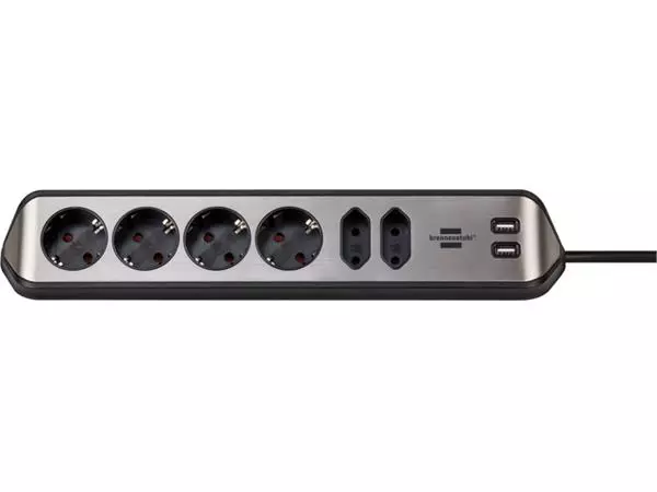 Een Stekkerdoos Brennenstuhl bureau Estilo 6 voudig inclusief 2 USB 2 meter zwart/zilver koop je bij De Joma BV
