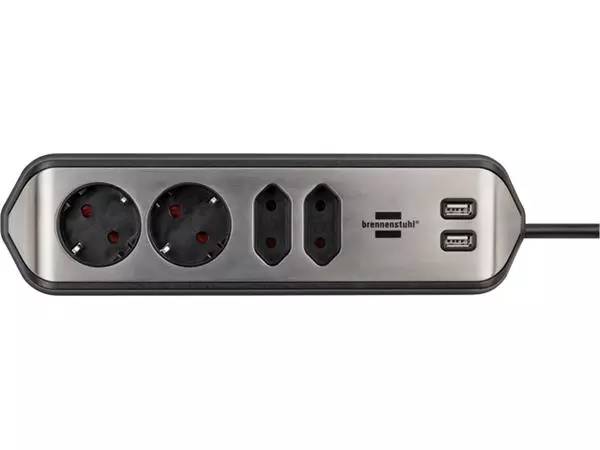 Een Stekkerdoos Brennenstuhl bureau Estilo 4 voudig inclusief 2 USB 2 meter zwart/zilver koop je bij Supply Mij