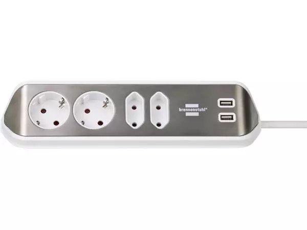 Stekkerdoos Brennenstuhl bureau Estilo 4 voudig inclusief 2 USB 2 meter wit/zilver