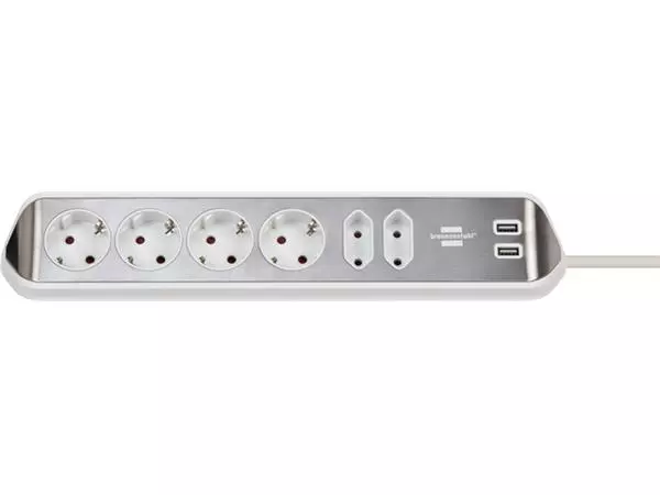 Stekkerdoos Brennenstuhl bureau Estilo 6 voudig inclusief 2 USB 200cm wit/zilver