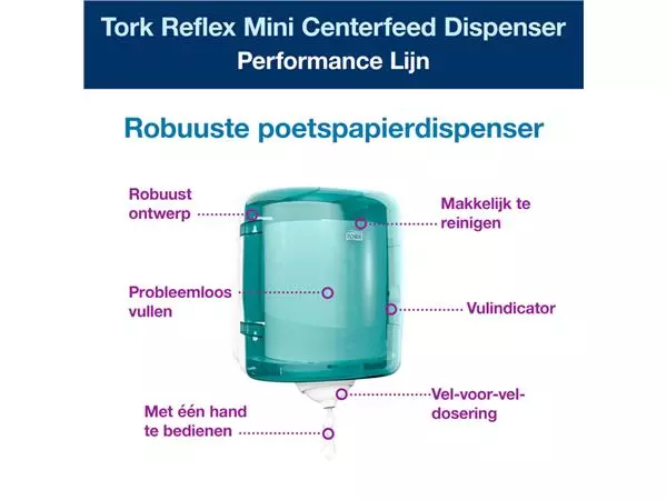 Een Dispenser Tork Reflex™ M4 performance lijn centerfeed wit/turquoise 473180 koop je bij De Joma BV
