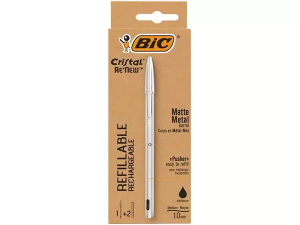 Balpen Bic Cristal Re-new medium zwart blister à 1 balpen + 2 vullingen