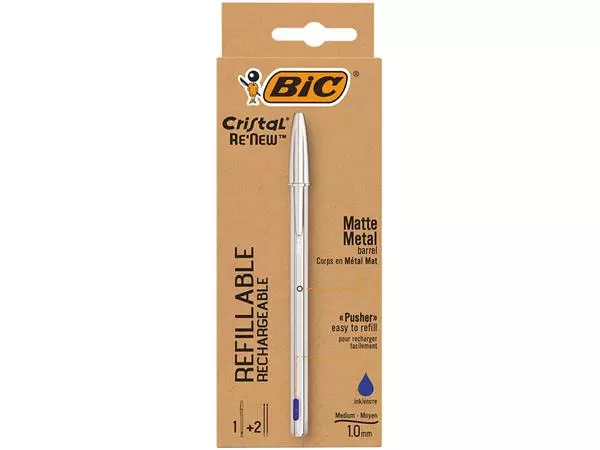 Balpen Bic Cristal Re-new medium blauw blister à 1 balpen + 2 vullingen