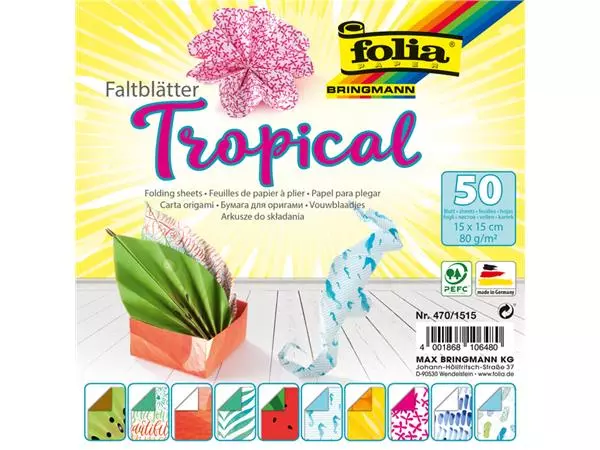 Vouwblaadjes Folia 80gr 15x15cm 50 vel 2-zijdig 10 tropical designs