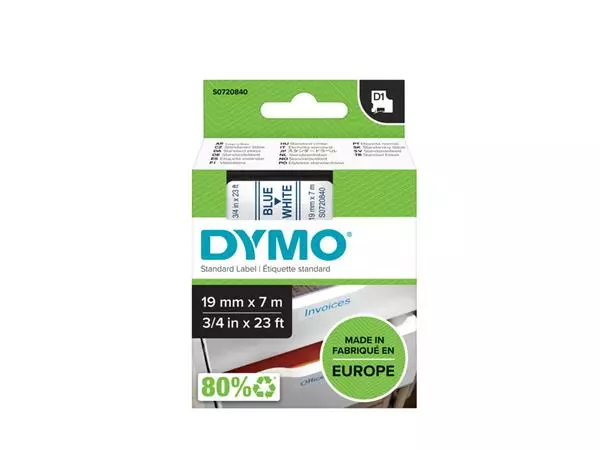 Een Labeltape Dymo D1 45804 720840 19mmx7m polyester blauw op wit koop je bij Draais.com