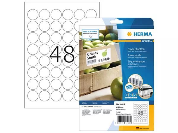 Een Etiket HERMA Power 10915 rond 30mm wit 1200stuks koop je bij Schellen Boek- en Kantoorboekhandel