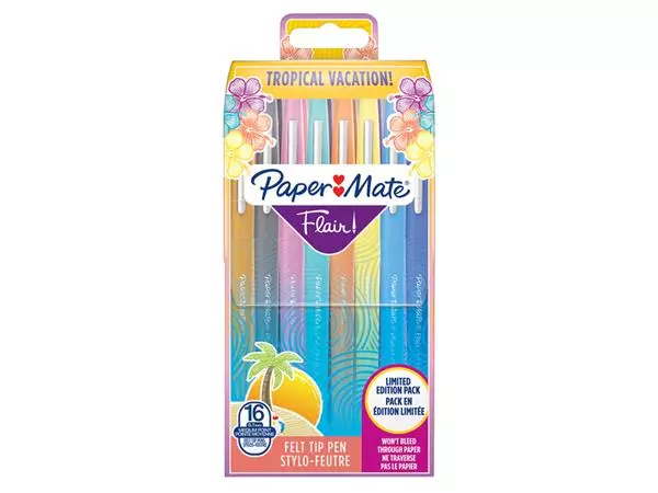 Fineliner Paper Mate Flair Tropical Vacation! medium assorti blister à 16 stuks