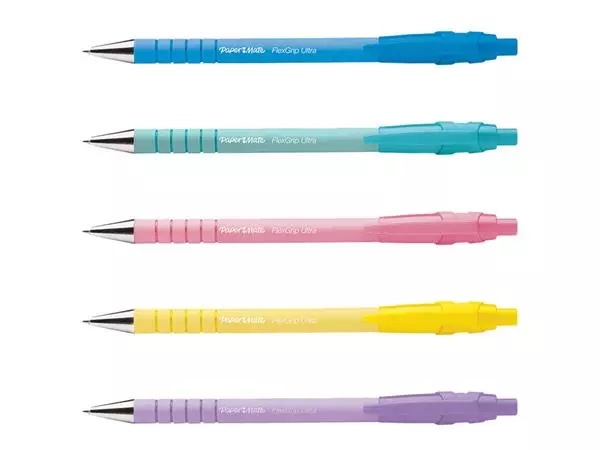 Een Balpen Paper Mate Flexgrip Ultra pastel medium schrijfkleur blauw blister à 5 stuks koop je bij De Joma BV