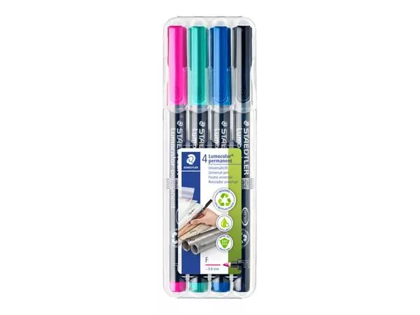 Een Viltstift Staedtler Lumocolor 318 permanent F set à 4 kleuren koop je bij Schellen Boek- en Kantoorboekhandel