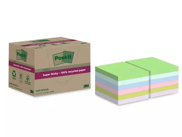 Memoblok Post-it 654 RSS12COL 76x76mm recycled colour notes pastel 12 stuks