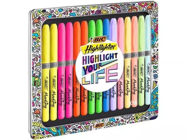 Een Markeerstift Bic Highlight your life in blik ass koop je bij "De Waal" Kantoor Efficiency