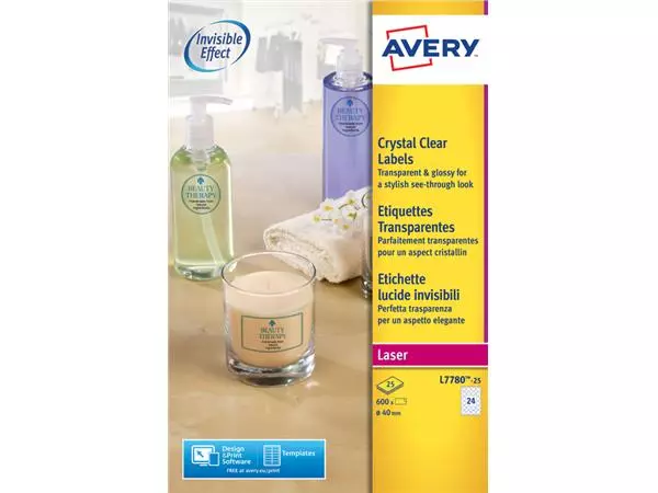 Een Etiket Avery L7780-25 rond 40mm transparant 600stuks koop je bij Schellen Boek- en Kantoorboekhandel