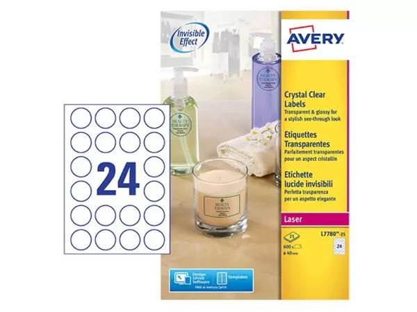 Een Etiket Avery L7780-25 rond 40mm transparant 600stuks koop je bij All Office Kuipers BV