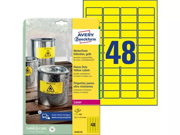 Een Etiket Avery L6103-20 45.7x21.2mm geel 960stuks koop je bij All Office Kuipers BV