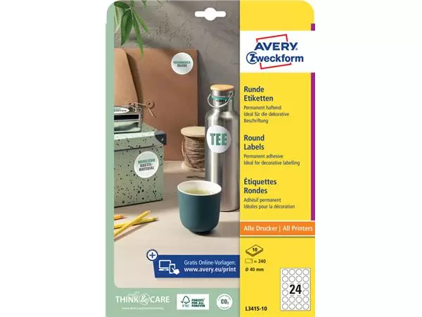 Een Etiket Avery Zweckform L3415-10 rond 40mm wit 240stuks koop je bij Romijn Office Supply