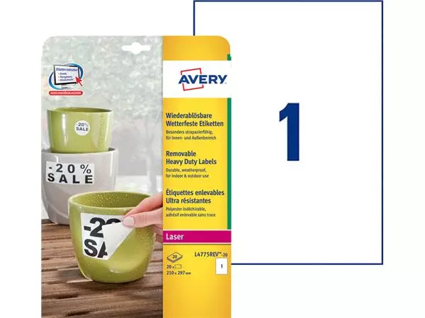 Een Etiket Avery L4775REV-20 210x297mm wit 20stuks koop je bij Sysdicom BV