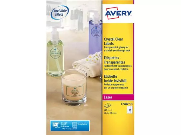 Een Etiket Avery L7782-25 63.5x38.1mm transparant 525stuks koop je bij QuickOffice BV