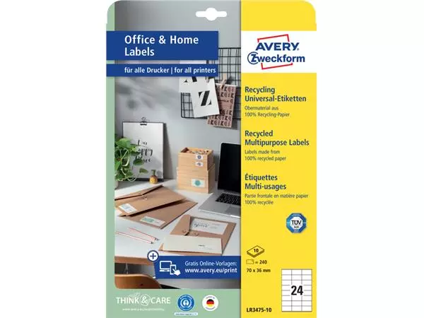 Een Etiket Avery Zweckform LR3475-10 70x36mm recycled wit 240stuks koop je bij QuickOffice BV