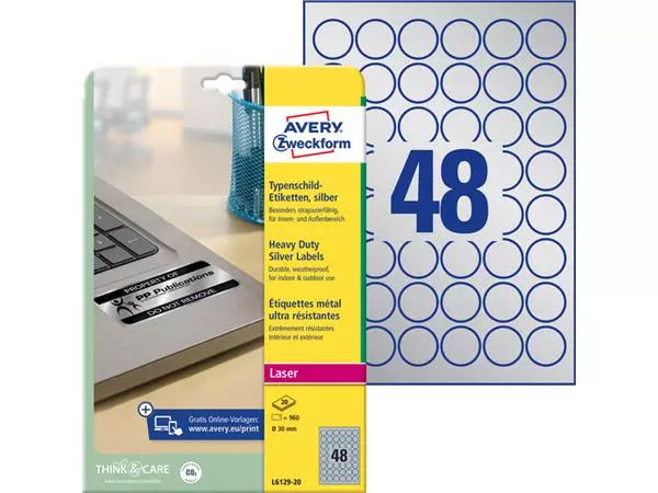 Een Etiket Avery Zweckform L6129-20 rond 30mm zilver 960stuks koop je bij Kantorice office & business supplies