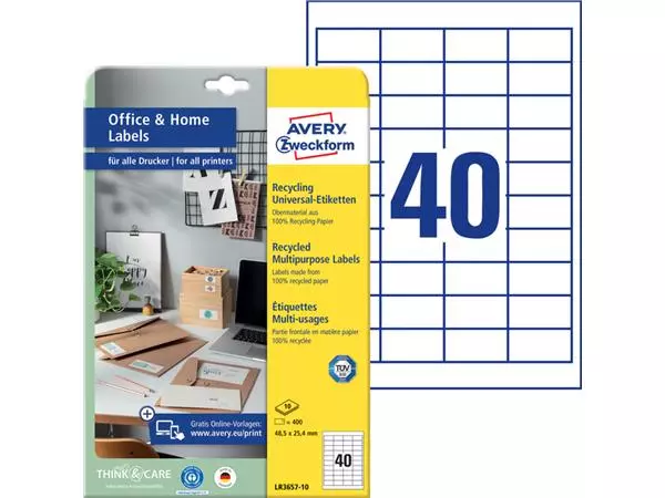 Een Etiket Avery LR3657-10 48.5x25.4 recycled wt 400st koop je bij All Office Kuipers BV