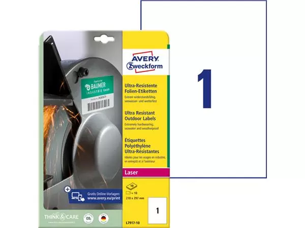 Een Etiket Avery Zweckform L7917-10 210x297mm polyethyleen wit 10stuks koop je bij VDB Office Express B.V.