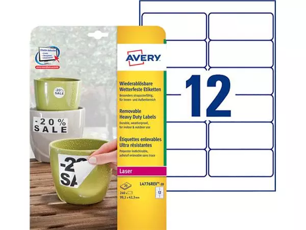 Een Etiket Avery L4776REV-20 99.1x42.3mm wit 240stuks koop je bij Schellen Boek- en Kantoorboekhandel