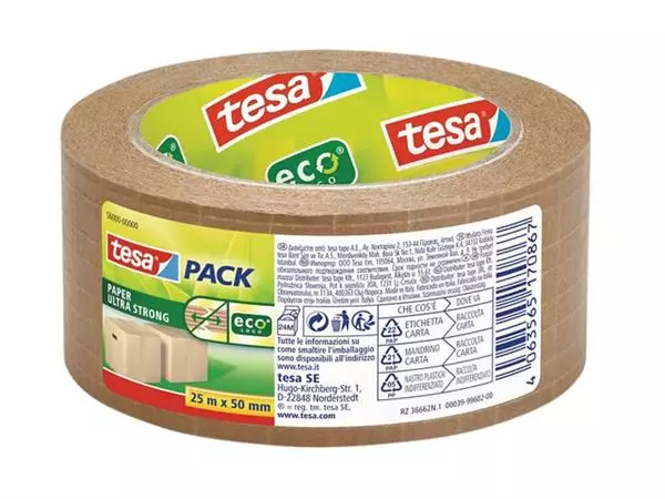 Een Verpakkingstape Tesa 56000 Eco papier ultra strong 50mmx25m koop je bij van Kerkvoorde & Hollander B.V.