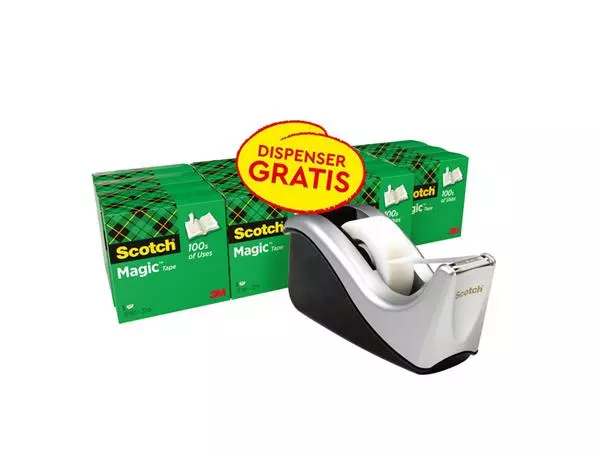 Plakband Scotch Magic 819 19mmx33m mat + plakbandhouder zilver 16 rollen