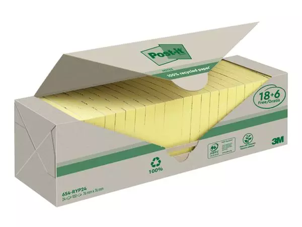 Memoblok 3M Post-it 654 76x76mm recycle geel 18 + 6 gratis