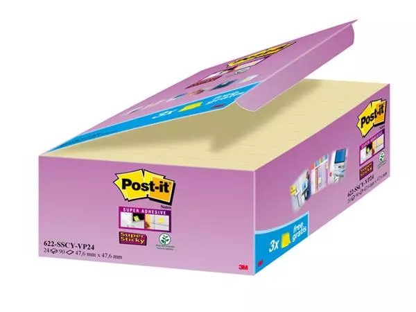 Memoblok 3M Post-it 622 Super Sticky 47.6x47.6mm geel 21 + 3 gratis