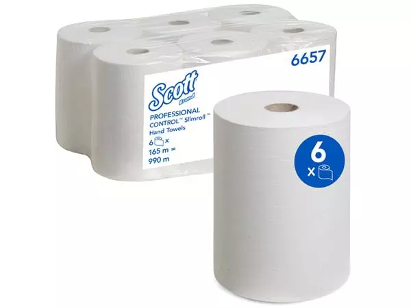 Een Handdoekrol Scott 6657 Slimroll 1laags 165m wit koop je bij All Office Kuipers BV