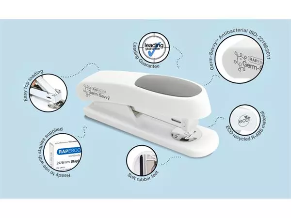 Een Nietmachine Rapesco Germ-Savvy ECO Sting Ray antibacterieel 24/6mm wit koop je bij Kantorice office & business supplies