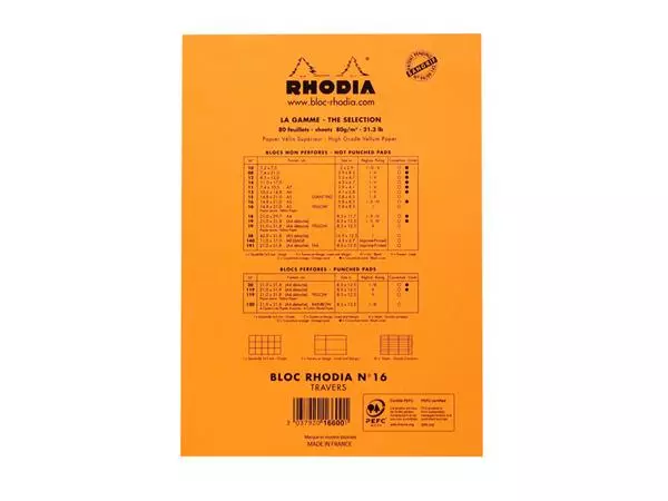 Een Schrijfblok Rhodia A5 lijn 80 vel 80gr met kantlijn oranje koop je bij Deska Alles voor Kantoor