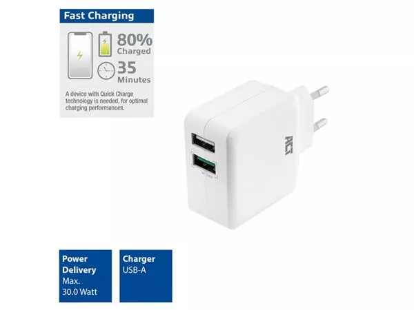 Een Oplader ACT USB 2 poorts Quickcharge 30W wit koop je bij Sysdicom BV