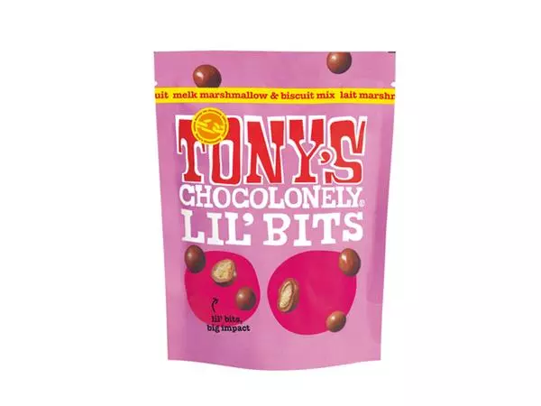 Een Chocolade Tony's Chocolonely Lil'Bits melk marshmellow biscuit 120 gram koop je bij De Joma BV