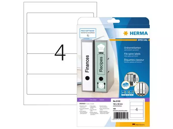 Een Rugetiket HERMA 5123 192x59mm zelfklevend wit 100 etiketten koop je bij Kantorice office & business supplies