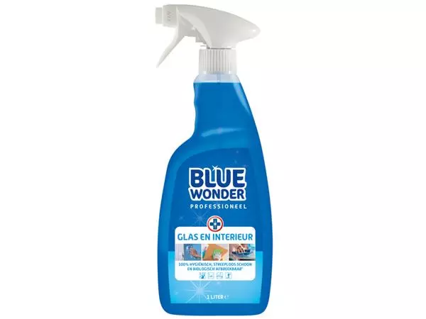 Een Glasreiniger Blue Wonder Prof glas en int spray 1L koop je bij All Office Kuipers BV