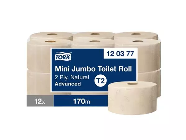 Een Toiletpapier Tork Mini Jumbo T2 Advanced 2-laags 170mtr natural 120377 koop je bij "De Waal" Kantoor Efficiency