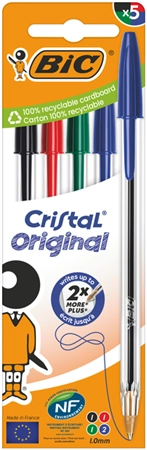 Balpen Bic Cristal medium assorti blister à 5 stuks