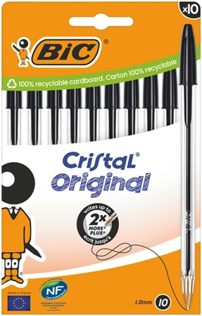 Balpen Bic Cristal medium zwart blister à 10 stuks