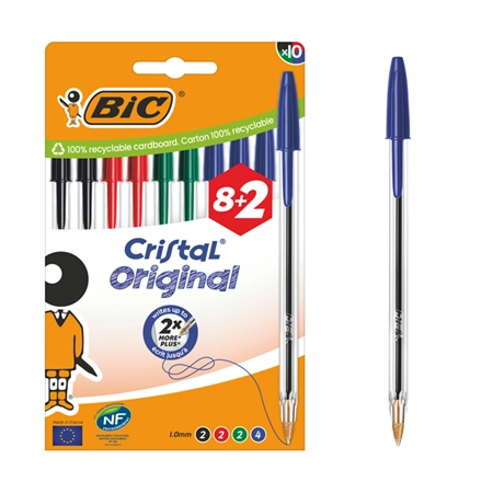 Een Balpen Bic Cristal medium assorti blister à 8+2 gratis koop je bij Continu Kantoor