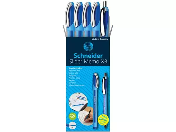 Balpen Schneider Slider Memo XB blauw set à 4 stuks + 1 gratis Slider balpen