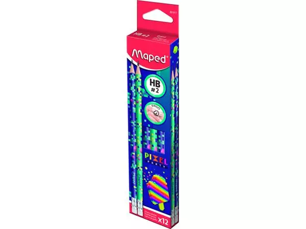 Een Potlood Maped Pixel Party met gum set à 12 stuks koop je bij Clippz! Office Supplies