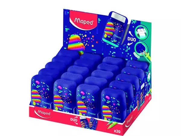 Een Puntenslijper Maped Pixel Party Connect 2-gaats met gum display à 20 stuks koop je bij van Kerkvoorde & Hollander B.V.