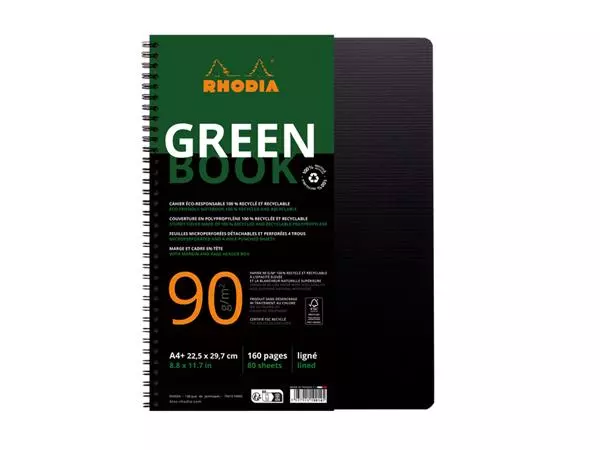 Een Notbk Rhodia Greenbook A4+ lijn 4-g 180pag zwart koop je bij Egner kantoorspecialisten