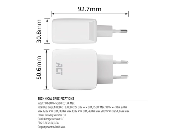 Een Oplader ACT 65w 2-poorts usb c wit koop je bij Continu Kantoor