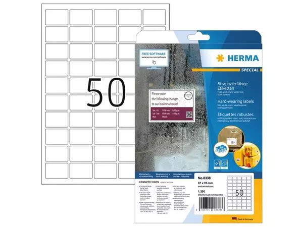 Een Etiket HERMA 8338 37x25mm weerbestendig wit 1250 etiketten koop je bij Schellen Boek- en Kantoorboekhandel