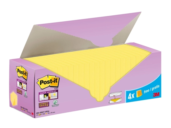 Een Memoblok 3M Post-it 654-SSCY Super Sticky 76x76mm geel voordeelpak koop je bij Kantoorboekhandel Van Atten